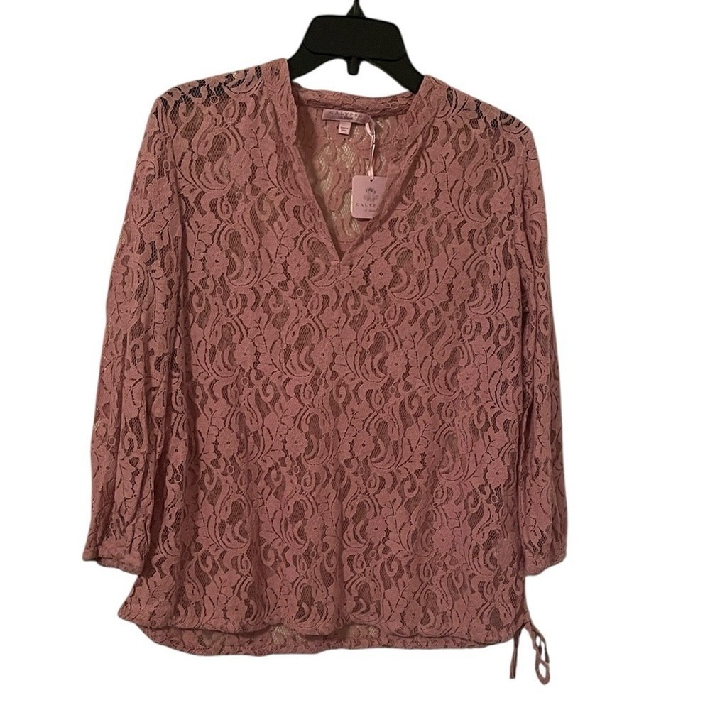 Calypso St. Barth Women's Hazelnut Pink Portia Lace V-Neck‎ Top Size XS